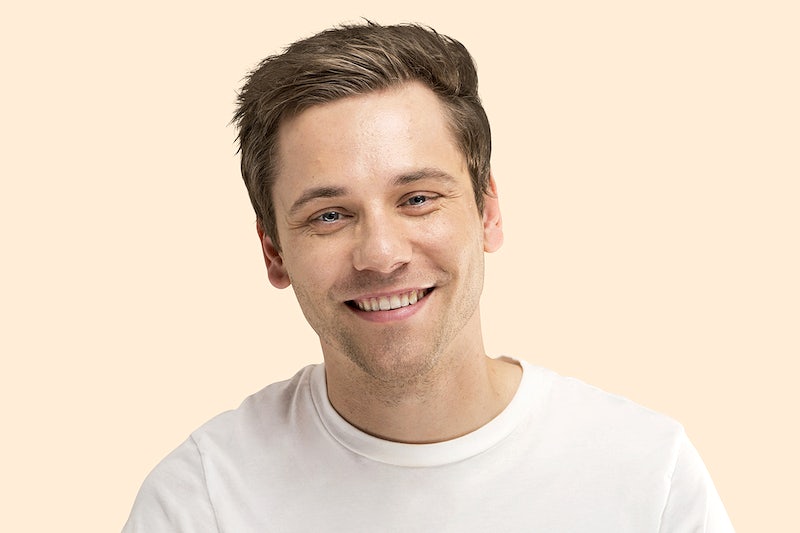 Happy European man mockup psd closeup portrait studio shoot